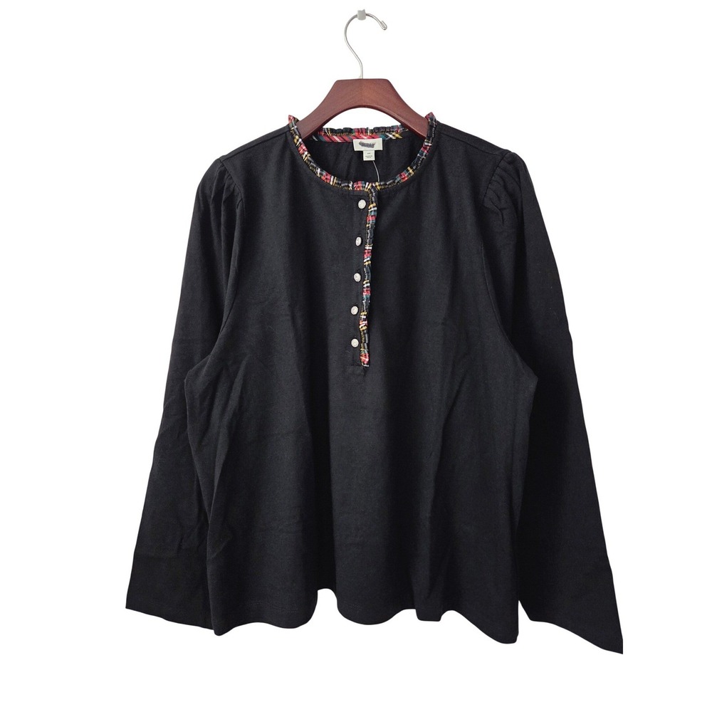 J. Crew Tartan and Jewel Henley Top Long Sleeve Women 2X Black NWT $90‎ CO282